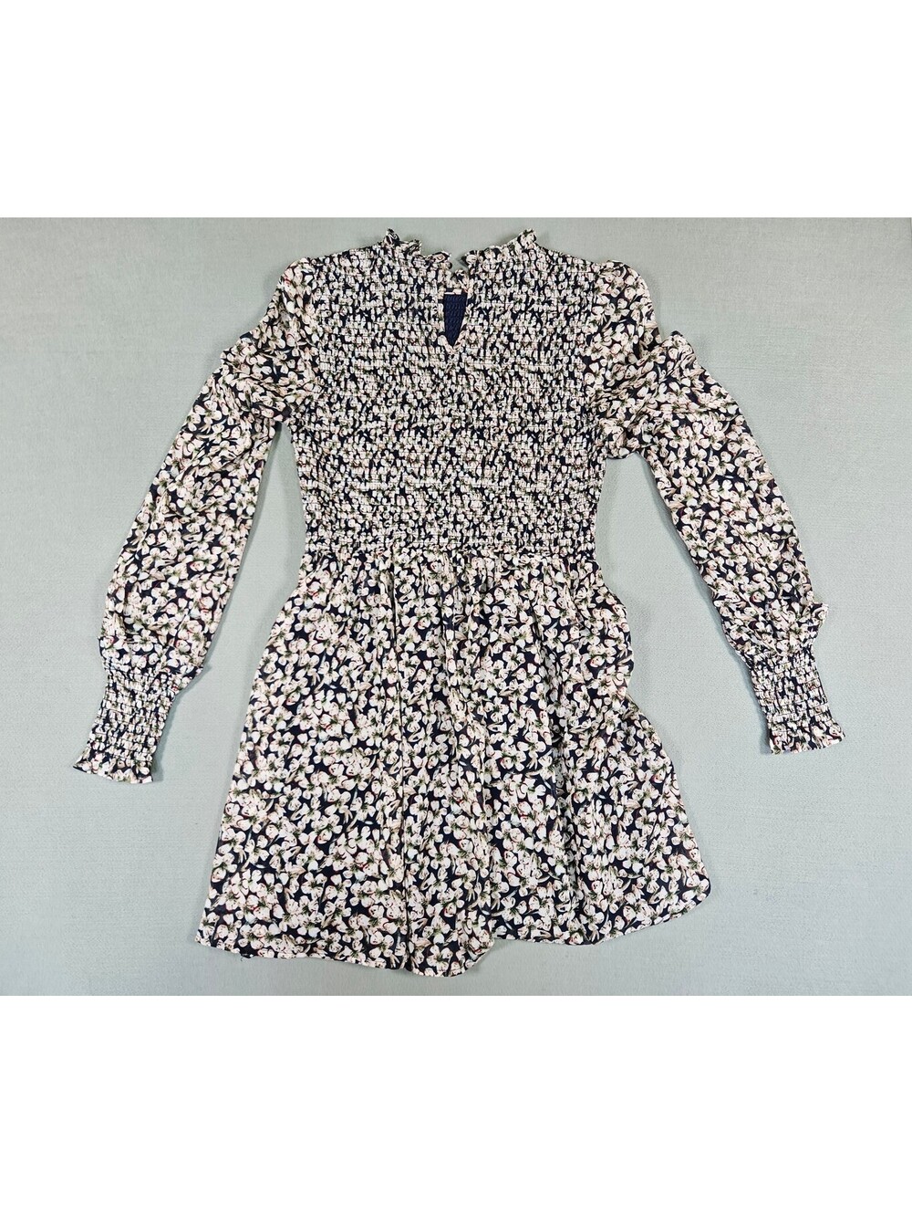Lulus Women S Navy Blue Floral Smocked Mini Dress Long Sleeve